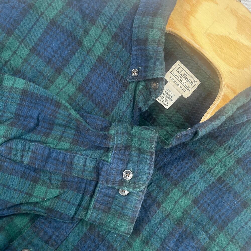 LL Bean Adult 2XL Blue Green Plaid Flannel Button Up Long Sleeve Outdoor Mens